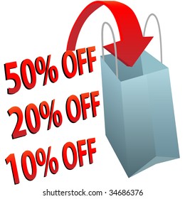Una flecha roja apunta a una bolsa de compras para ilustrar una gran venta de 10 20 o 50 por ciento de descuento.
