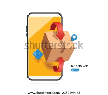 red arrow points to parcel box or cardboard box. And there is a location pin to indicate delivery to customers. all on smartphone screen ,vector 3d isolated for e commerce, delivery ,online shopping