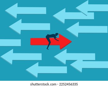 red arrow points in a unique direction. Businessman dare to do the opposite of the crowd