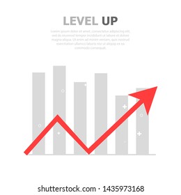 The red arrow rises to the top. Gray graphic is shown at the back. Above is a gray text.