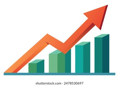 Red arrow rising above green bar chart. Vector illustration