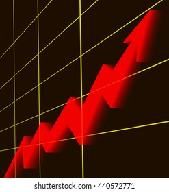 A red arrow rising graphic chart with gold grid and black background