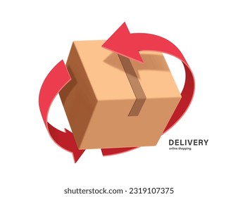 red arrow rotates around parcel box or cardboard box to represent recycling of paper or to signify that parcel box is being returned to sender,vector 3d isolated for logistics,delivery concept design
