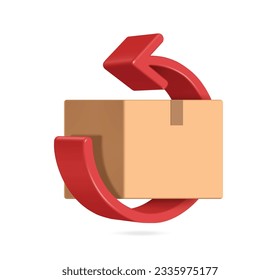 red arrow rotates around parcel box or cardboard box to represent recycling of paper or to signify that parcel box is being returned to sender,vector 3d isolated for logistics,delivery concept design