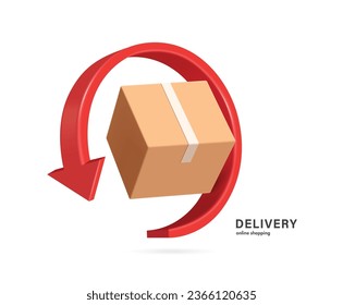 red arrow rotates around parcel box or cardboard box to represent recycling of paper or to signify that parcel box is being returned to sender,vector 3d isolated for logistics,delivery concept design