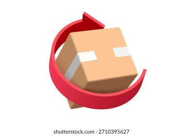 roter Pfeil dreht sich um Paket-Box oder Karton, um das Recycling von Papier zu repräsentieren oder um anzuzeigen, dass Paket-Box wird an Absender zurückgegeben, Vektor 3d isoliert für Logistik, Lieferkonzept Design