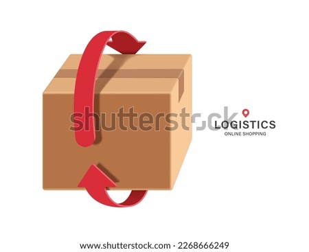 red arrow rotates around parcel box or cardboard box to represent recycling of paper or to signify that parcel box is being returned to sender,vector 3d isolated for logistics,delivery concept design
