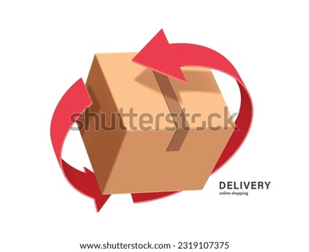 red arrow rotates around parcel box or cardboard box to represent recycling of paper or to signify that parcel box is being returned to sender,vector 3d isolated for logistics,delivery concept design