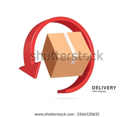 red arrow rotates around parcel box or cardboard box to represent recycling of paper or to signify that parcel box is being returned to sender,vector 3d isolated for logistics,delivery concept design