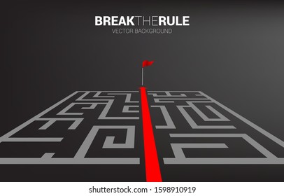 Red arrow route break out of maze to flag. Business concept for problem solving and solution strategy.