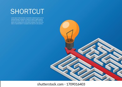 Red arrow route break out of maze to idea. Problem solving shortcut. Business and finance concept. Vector illustration isometric flat design. Creative light bulb to success on blue background.