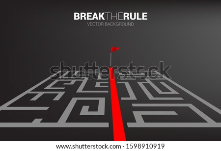 Red arrow route break out of maze to flag. Business concept for problem solving and solution strategy.