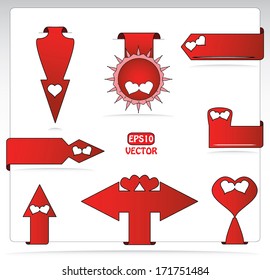 Red arrow shaped label set with heart for Valentines day. Isolated editable love concept vector design. Objects are grouped separately, raster available in my portfolio. 