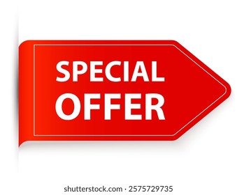 Red arrow shaped special offer label tag with curved corner and white text on white background representing promotion, discount and marketing