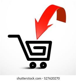 Red Arrow with Shopping Cart Icon. Vector Insert Product Symbol.