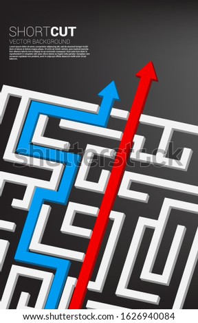  red arrow short cut route break out of maze and blue route find way out. Business concept for problem solving and shortcut  solution strategy.