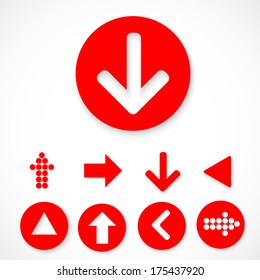 Red Arrow sign icon set. Simple circle shape red internet button on gray background. Contemporary modern style. Vector illustration.