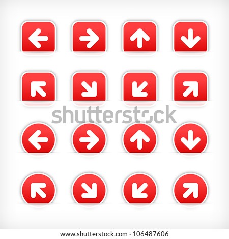 Red arrow sign sticker on cut paper pocket. Web button blank satin circles and rounded square shapes with gray drop shadow on white background. This vector illustration design element 10 eps