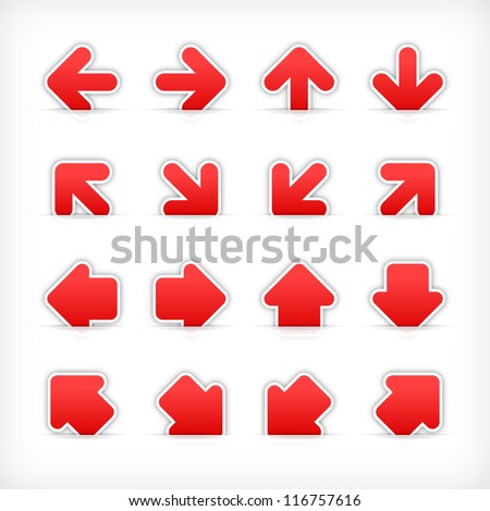 Red arrow sign sticker on cut paper pocket. Web button blank satin shapes with gray drop shadow on white background. This vector illustration clip-art design element saved in 10 eps