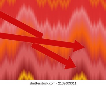 Red arrow slanting down on a tidal wave-style background in a financial chart or a falling stock market.