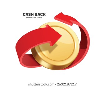 The red arrow spins back around the gold coin or dollar to convey the cash back promotion advertisement where the more you buy, the more you get back, vector 3d isolated for banner advertising design
