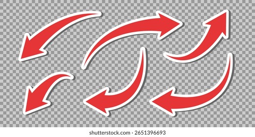 Red arrow sticker in dynamic curved shapes. Flat cartoon style with shadow isolated on transparent background. Great for sale banner, UI highlight, web design, social media, infographic, promotion