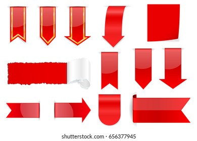 Red arrow stickers with transparent shadow. Collection of labels. Vector 3d illustration isolated on white background