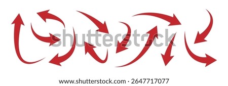 Red arrow symbol set isolated on white. Curved motion arrows shapes. Bold graphic elements for navigation, visuals, analytic, business infographic, diagram, motion design