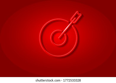 Red arrow in the red target glowing 3D symbol, card template. Realistic vector illustration. Red background.