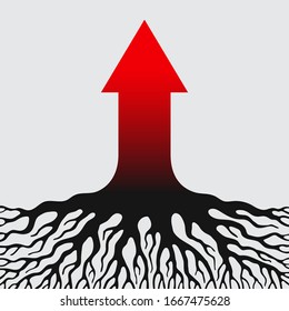 Red arrow are tending upward, but roots are holding it in place. Concept of difficulty of personal growth, confrontation of ambitions and deterrent, trying to escape from environment and routine