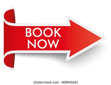 Red arrow with text  "Book Now". Eps 10 vector file.