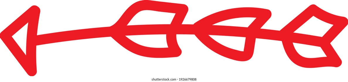 Flecha roja con tres colas apuntando hacia la izquierda, ilustración, vector sobre fondo blanco.