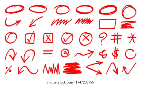 Roter Pfeil Vektordoodle. Handgezeichnete Pfeile für Geschäftsplan und Ausbildung. 
