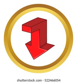 Red arrow vector icon in golden circle, cartoon style isolated on white background