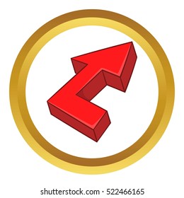 Red arrow vector icon in golden circle, cartoon style isolated on white background