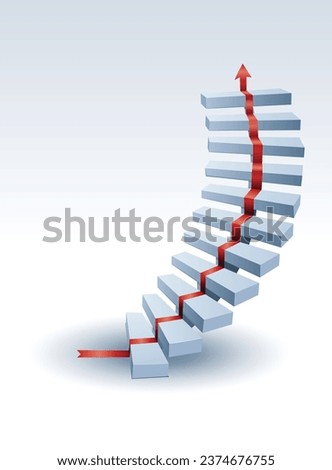 Red arrow with white ladder on white background, red arrow climbing up on a ladder, business concept of goals, achievement, ambition, success and challenges vector