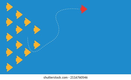 red arrow and yellow arrows.red arrow flying in different direction from others.new idea, change, trend, courage, creative solution, innovation concept.