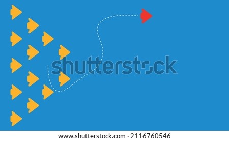 red arrow and yellow arrows.red arrow flying in different direction from others.new idea, change, trend, courage, creative solution, innovation concept.