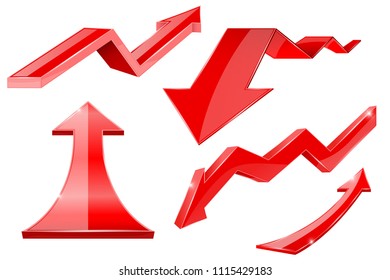 Red arrows. 3d shiny set of icons. Vector illustration isolated on white background