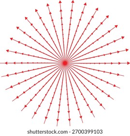 Setas vermelhas dispostas num padrão radial emanando de um círculo vermelho central sobre um fundo branco.