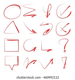 red arrows, red circle markers