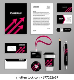 Red arrows Corporate identity template set. Business stationery mock-up with logo. Branding design. Geometric background.