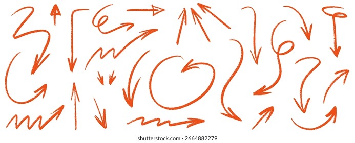 Rote Pfeile Stift Doodle Kreide Symbole gesetzt. Handgezeichnete Freihand verschiedene gekrümmte Linien, wirbelt Pfeile. Richtungszeiger. Grunge Kritzelkreide Marker Zeichnung, schwarze Kreide Abstriche. Vektorgrafik
