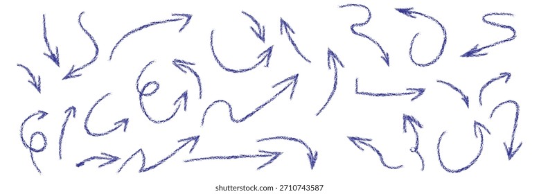 Setas vermelhas crayon doodle giz ícones conjunto. Mão desenhada à mão livre diferentes linhas curvas, gira setas. Ponteiros de direção. Desenho marcador de giz de rabisco Grunge, esfregaços de giz preto. Ilustração vetorial
