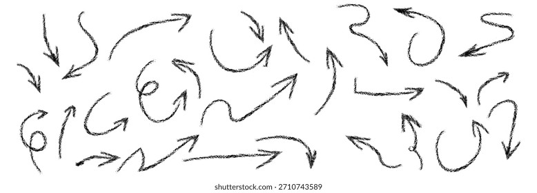 Rote Pfeile Stift Doodle Kreide Symbole gesetzt. Handgezeichnete Freihand verschiedene gekrümmte Linien, wirbelt Pfeile. Richtungszeiger. Grunge Kritzelkreide Marker Zeichnung, schwarze Kreide Abstriche. Vektorgrafik