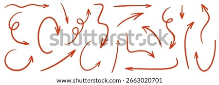 Red arrows crayon doodle chalk set. Hand drawn freehand different curved lines, swirls arrows. Direction pointers. Grunge scribble chalk marker drawing, black chalk smears. Vector illustration