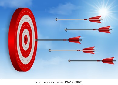 red arrows darts fling go to target Circle. Business success goal. on background sky. creative idea. leadership. cartoon vector illustration