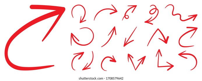 Vector de diseño de flechas rojas.  Dibujo vectorial de formas dibujadas a mano por el marcador de doodle. 