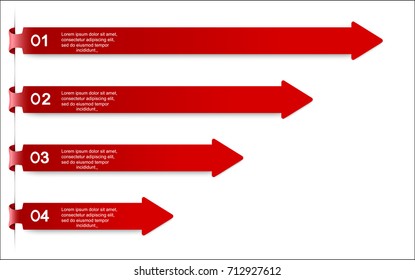 Red arrows. Element of infographics consisting of four elements. Four horizontal red arrows on a white background. A diagram in the form of red arrows of different lengths. The arrows are numbered.