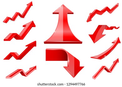 Red arrows. Financial indication icons set. Vector illustration isolated on white background